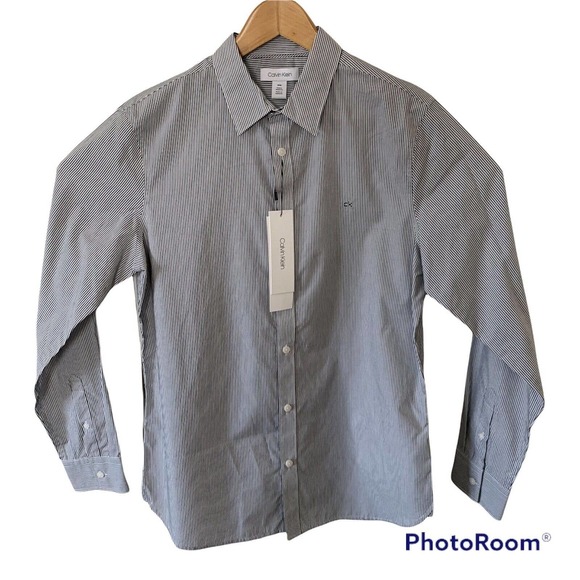 CALVIN KLEIN The Extra Fine Cotton Shirt Mens Black Stripe L/S Medium $69.50 - Picture 2 of 5